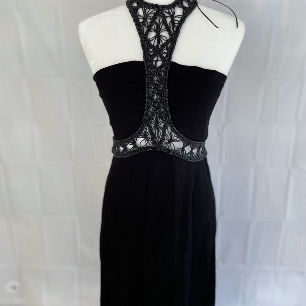 Max Mara black evening dress with braided leather halter and waist panel